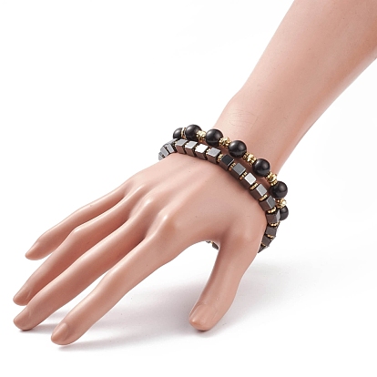 2Pcs 2 Style Natural Ebony Wood & Synthetic Hematite Beaded Stretch Bracelets Set, Gemstone Jewelry for Women