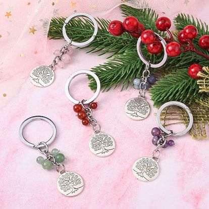 Alloy Keychain, with Gemstone Beads, Flat Round with Tree of Life