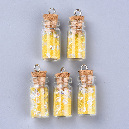Glass Wishing Bottle Pendant Decorations, with Resin Rhinestone and Glass Micro Beads inside, Cork Stopper and Platinum Iron Screw Eye Pin Peg Bails