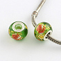 Large Hole Rondelle Flower Pattern Glass European Beads, with Silver Color Plated Brass Double Cores, 14~15x11mm, Hole: 4.5~5mm