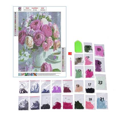 DIY 5D Flower Pattern Canvas Diamond Painting Kits, with Resin Rhinestones, Sticky Pen, Tray Plate, Glue Clay, for Home Wall Decor Full Drill Diamond Art Gift