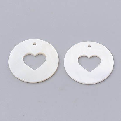 Freshwater Shell Pendants, Flat Round with Heart