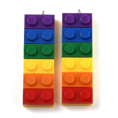 Rainbow Opaque Acrylic Pendants, with Platinum Iron Loop, Long Rectangle Building Block Charms