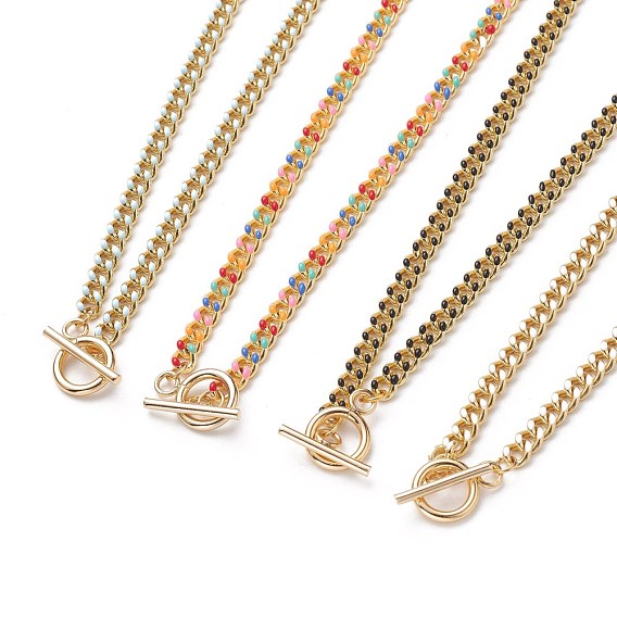 Brass Curb Chain Necklaces, with Enamel and 304 Stainless Steel Toggle Clasps, Real 18K Gold Plated