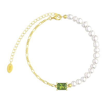 Bracelets de perles d'eau douce naturelles avec lien rectangulaire en zircone cubique, 925 bracelets chaînes figaro en argent sterling pour femme, avec cachet s