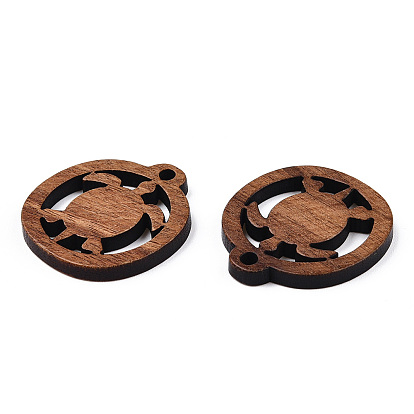 Natural Walnut Wood Pendants, Undyed, Flat Round Charms with Sea Turtle