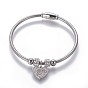 304 Stainless Steel Charms Bangles, with Polymer Clay Rhinestone and Magnetic Clasps, Heart