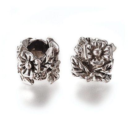 Tibetan Style Alloy European Large Hole Beads, Cadmium Free & Lead Free, Column with Flowers, 10x11x11.5mm, Hole: 5mm, about 340pcs/1000g