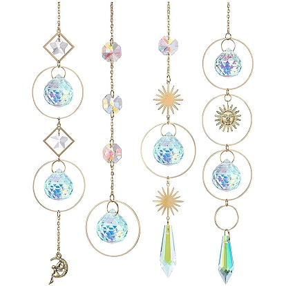 Iron Big Pendant Decorations, Sun Crystal Glass Hanging Sun Catchers, with Brass Findings, for Garden, Wedding, Lighting Ornament, Moon/Sun/Octagon Shape