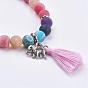 Frosted Mixed Gemstone Beaded Stretch Bracelets, with Alloy Findings & Cotton Thread Tassels