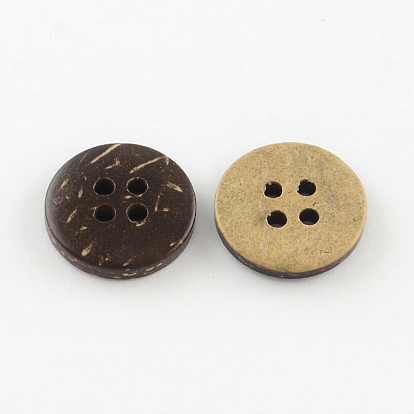 4-Hole Flat Round Coconut Buttons, 15x3mm, Hole: 2mm