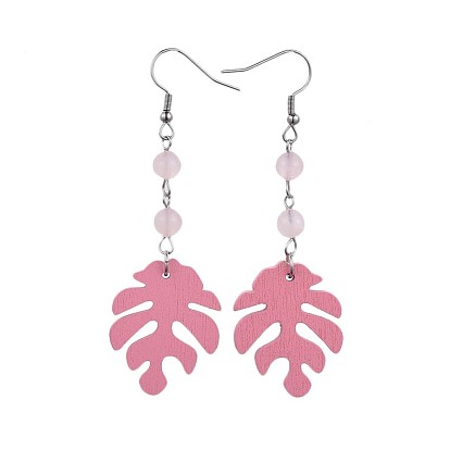 Tropical Theme Monstera Leaf Poplar Wood Dangle Earrings, with Gemstone Round Beads and 316 Surgical Stainless Steel Earring Hooks