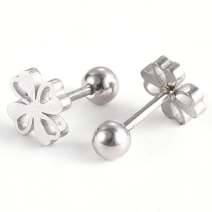 201 Stainless Steel Barbell Cartilage Earrings, Screw Back Earrings, with 304 Stainless Steel Pins, Four Leaf Clover