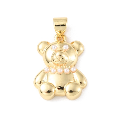 Brass Pendants, with Plastic Pearl Bead, Long-Lasting Plated, Cadmium Free & Lead Free, Bear Charms