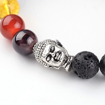 Tête de bouddha bracelets extensibles chakra perlés en pierre de lave naturelle, avec des perles de pierres précieuses et de perles en alliage de style tibétain