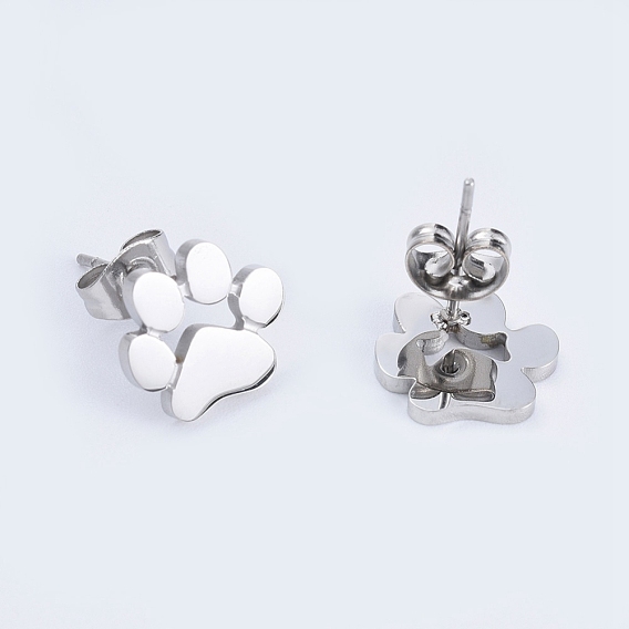 304 Stainless Steel Stud Earrings, Hypoallergenic Earrings, with Ear Nuts, Dog Paw Prints