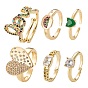 6Pcs 6 Style Brass Micro Pave Cubic Zirconia Solitaire Rings, Cuff Rings, Long-Lasting Plated, Square & Rectangle & Word Love & Octagon & Heart