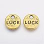 Flat Round Carved Word Luck Tibetan Style Message Charms, Cadmium Free & Lead Free, 9x1mm, Hole: 1.5mm