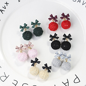 Charming Knitted Ball Earrings with Butterfly Knot for Women - Simple and Elegant Ear Accessories