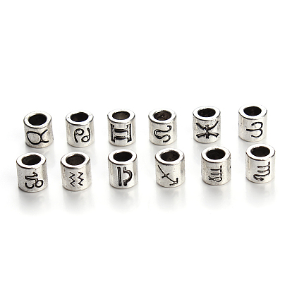 Antique Silver Plated Alloy European Beads, Large Hole Beads, Column with Twelve Constellations