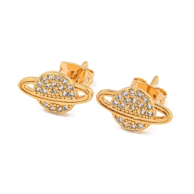 Brass Micro Pave Cubic Zirconia Stud Earrings, Planet