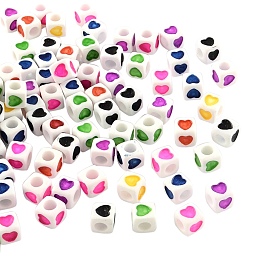 White Opaque Acrylic European Beads, Large Hole, Cube with Heart Pattern