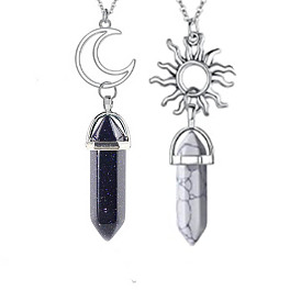 2Pcs 2 Style Natural & Synthetic Mixed Gemstone Bullet Pendant Necklaces Set, Alloy Sun & Moon Couple Necklaces