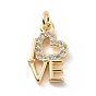 Brass Micro Pave Cubic Zirconia Pendants, with Jump Ring, Word Love Charm