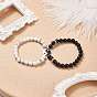 2Pcs 2 Style Natural Black Agate(Dyed) & Howlite Beaded Stretch Bracelets Set, Alloy Enamel Yin Yang Links Couple Bracelets for Best Friends Lovers