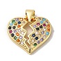 Rack Plating Brass Micro Pave Colorful Cubic Zirconia Pendants, Long-Lasting Plated, Lead Free & Cadmium Free, Broken Heart Charms