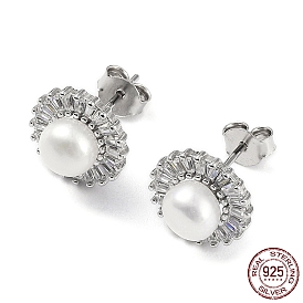 Cubic Zirconia Flower with Natural Pearl Stud Earrings, 925 Sterling Silver Earrings for Women