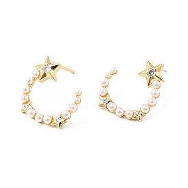 Rack Plating Brass Stud Earrings for Women, with Clear Cubic Zirconia & Acrylic Imitation Pearl Beads, Cadmium Free & Lead Free, Long-Lasting Plated, C-Shapes with Star