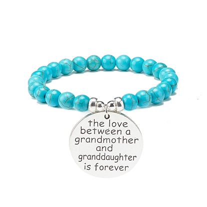 3 pcs 3 ensemble de bracelets extensibles en turquoise synthétique (teints) et hématite, forme de plume et mot l'amour entre une grand-mère et sa petite-fille est pour toujours bracelets à breloques pour femmes