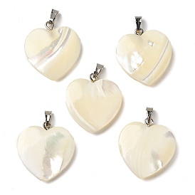 Natural Trochus Shell Pendants, Heart Charms with Platinum Plated Iron Snap on Bails