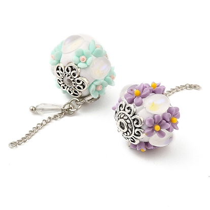 Polymer Clay Pave Rhinestone Beads with Resin Flower, Rondelle Beads with Chains Tassel