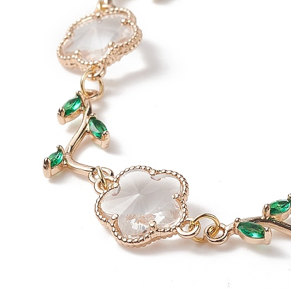 Glass Flower of Life Link Chain Bracelet with Cubic Zirconia, Brass Jewelry for Women