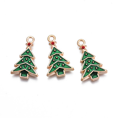 Christmas Alloy Enamel Pendants, Cadmium Free & Lead Free, Light Gold, Christmas Tree