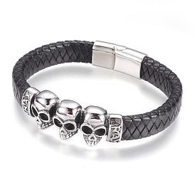  Bracelets de cordon en cuir, avec 304 accessoires en acier inoxydable et les fermoirs magnétiques, crane