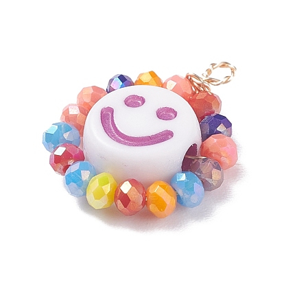 Electroplate Glass Beads  Pendants, with Copper Wire and Opaque Craft Acrylic Beads, Flat Round with 
Smiling Face