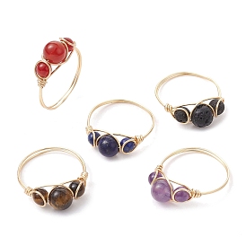 Natural Mixed Gemstone Finger Rings, Light Gold Copper Wire Wrapped Ring