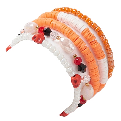 Ensemble de bracelets extensibles en perles de verre, tête de mort synthétique teint en turquoise et argile polymère, heishi et perles de verre, Breloques en alliage d'émail chauve-souris et fantôme, bracelets empilables pour halloween