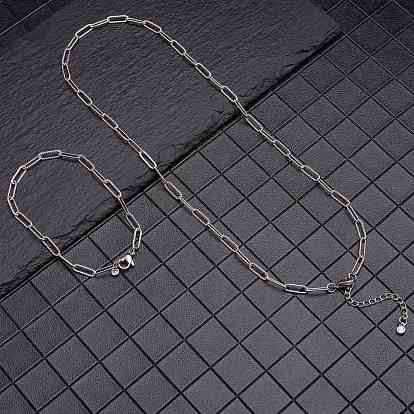 Stainless Steel Paperclip Chains Necklaces & Bracelets Sets, with Brass Cubic Zirconia Charms
