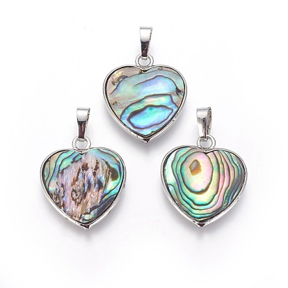 Abalone Shell/Paua Shell Pendants, with Brass Findings, Heart