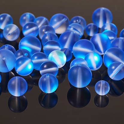 Brins synthétiques de perles de lune, teint, perles holographiques, demi couleur ab plaqué, givré, ronde, avec 1 rouleau de fil de cristal élastique