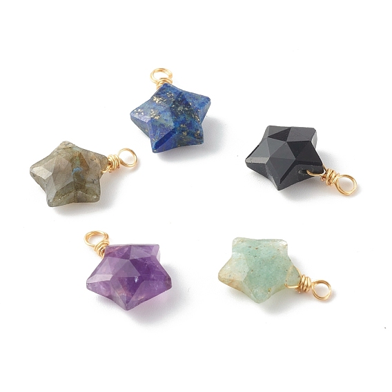 Natural Mixed Gemstone Charms, with Golden Brass Findings, Star