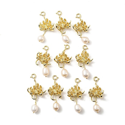 Decoraciones colgantes de perlas naturales de agua dulce, adorno de latón con flor de crisantemo y cierres de anillo de resorte