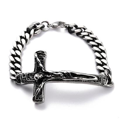 304 Stainless Steel Curb Chain Bracelets Link Bracelets, Crucifix Cross, Faceted, For Easter