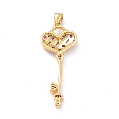 Brass Micro Pave Cubic Zirconia Pendants, Long-Lasting Plated, Heart Key, Colorful