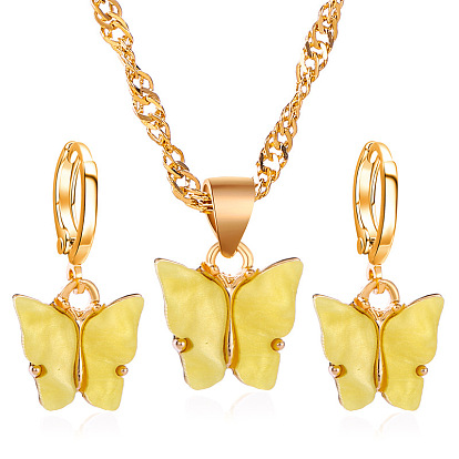 Light Gold Alloy Butterfly Jewelry Set, Resin Pendant Necklace and Dangle Hoop Earrings