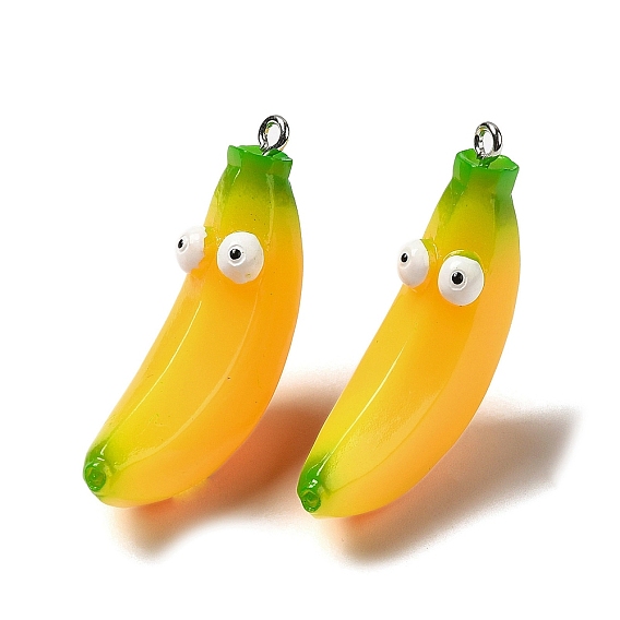 Colgantes de frutas de resina opaca de dibujos animados, divertidos dijes de plátano con forma de ojo y aros de hierro chapados en platino